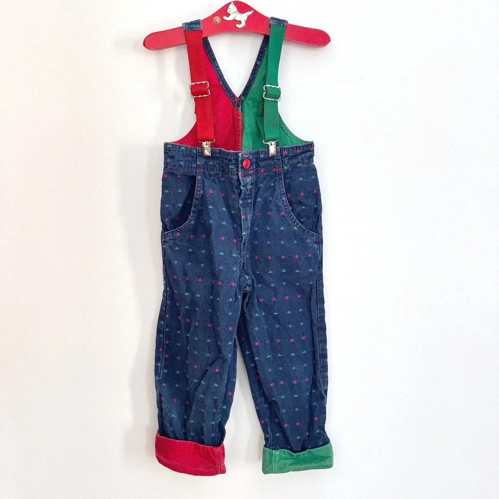 VTG 90s OshKosh Vestbak Suspender‎ Overalls Geometric Shape Colorblock USA 4T